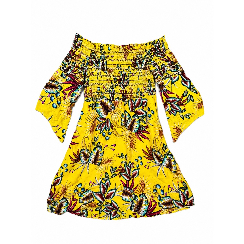 Farm Rio Bria Mini Dress XS Petite Yellow Floral Off Shoulder Anthropologie - Picture 4 of 7